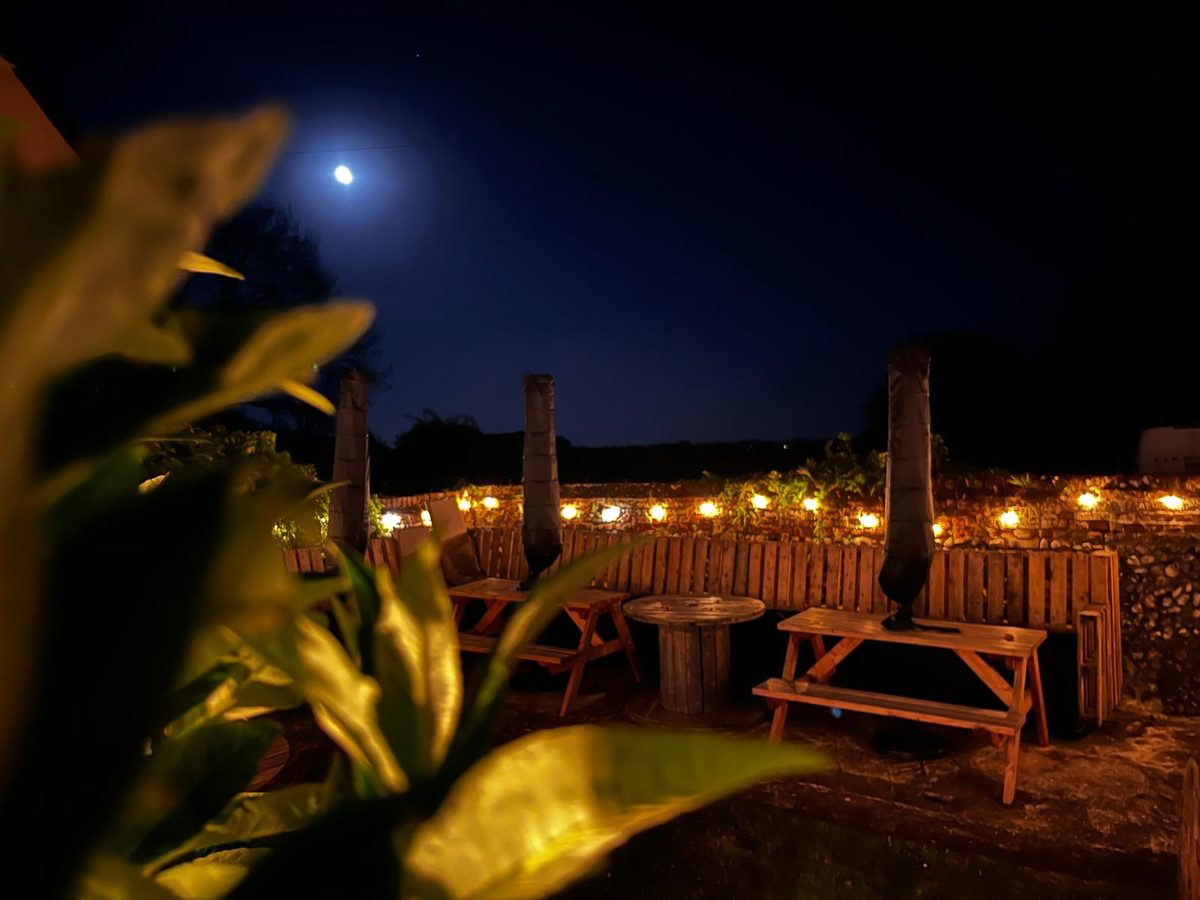 Courtyard at night with picnic benches and string lights